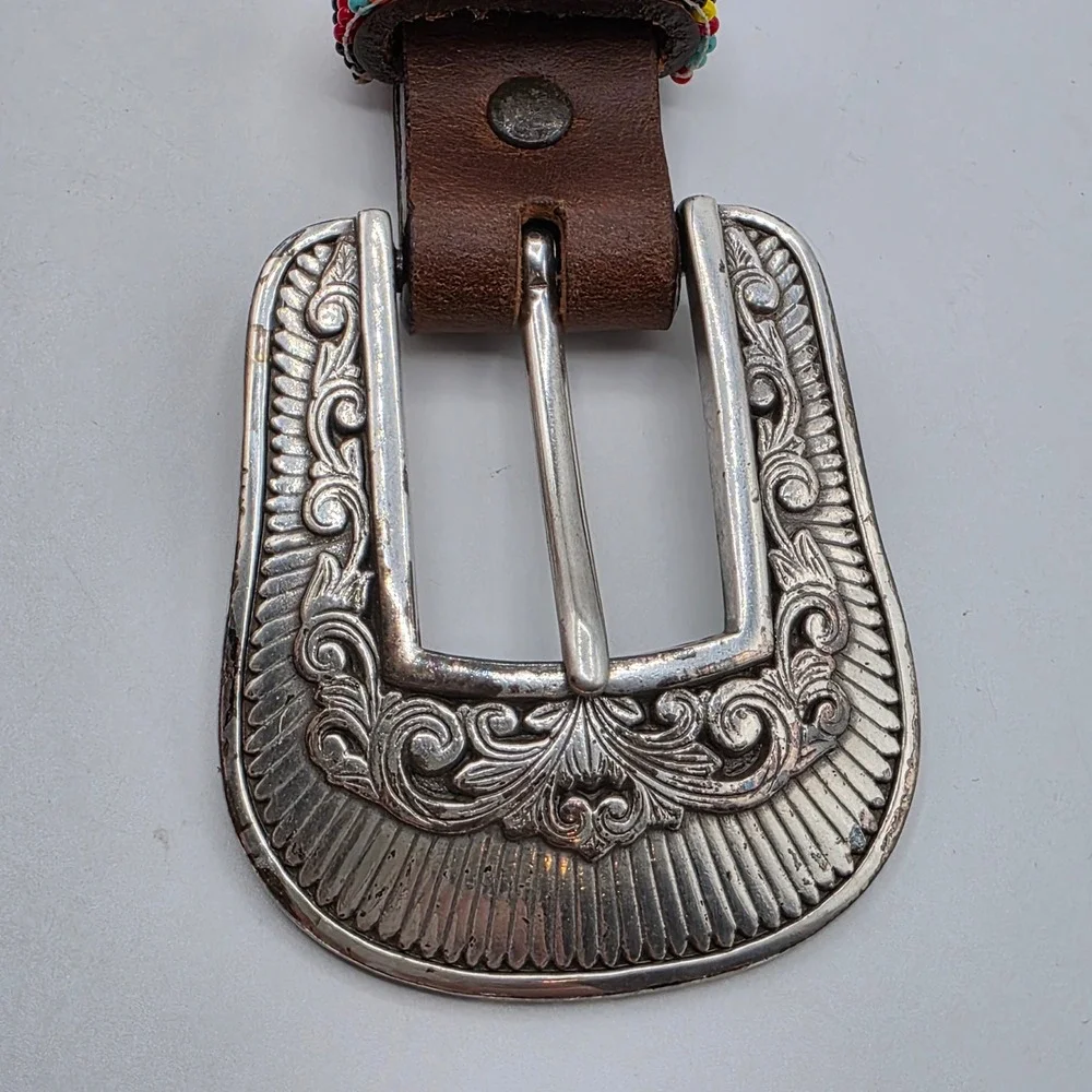 Stump Western Beaded Leather Belt Brown Southwestern Whipstitch‎ Buckle Size 36